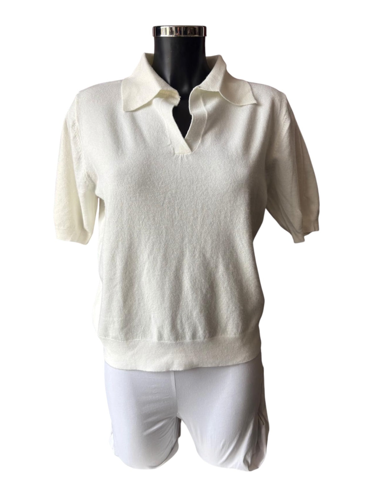 Carla fine knit short sleeve collared jumper - Ivory