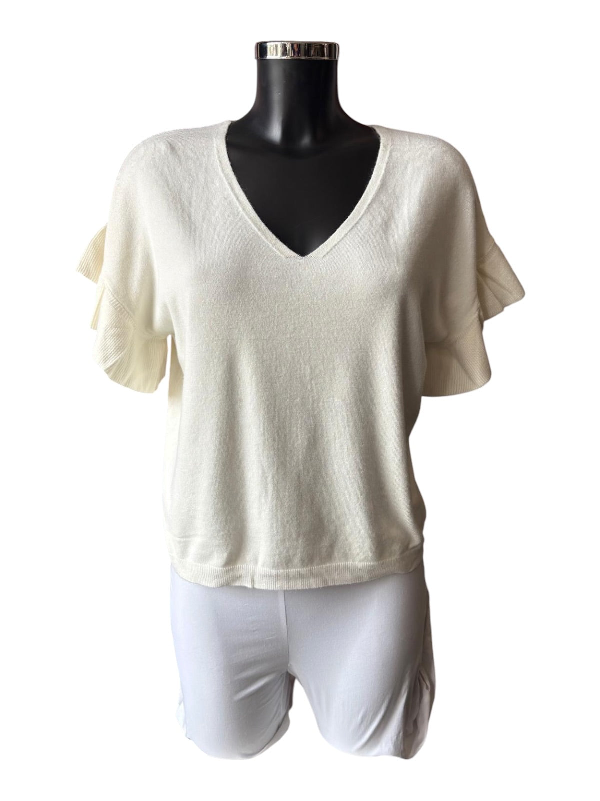 Anya frill sleeve fine knit short sleeve jumper - Ivory