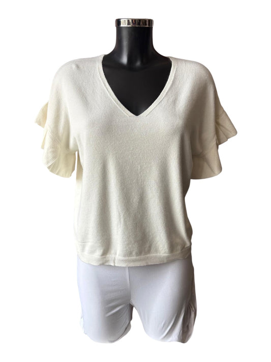 Anya frill sleeve fine knit short sleeve jumper - Ivory