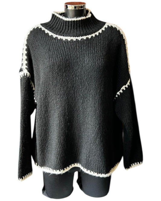 Jessie contrast stitch high neck jumper - Black