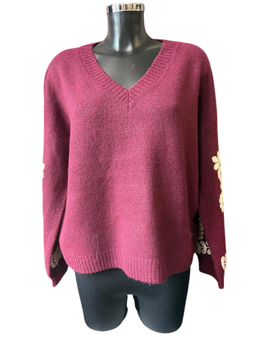 Brontë v neck appliqué sleeve jumper - Bordeaux