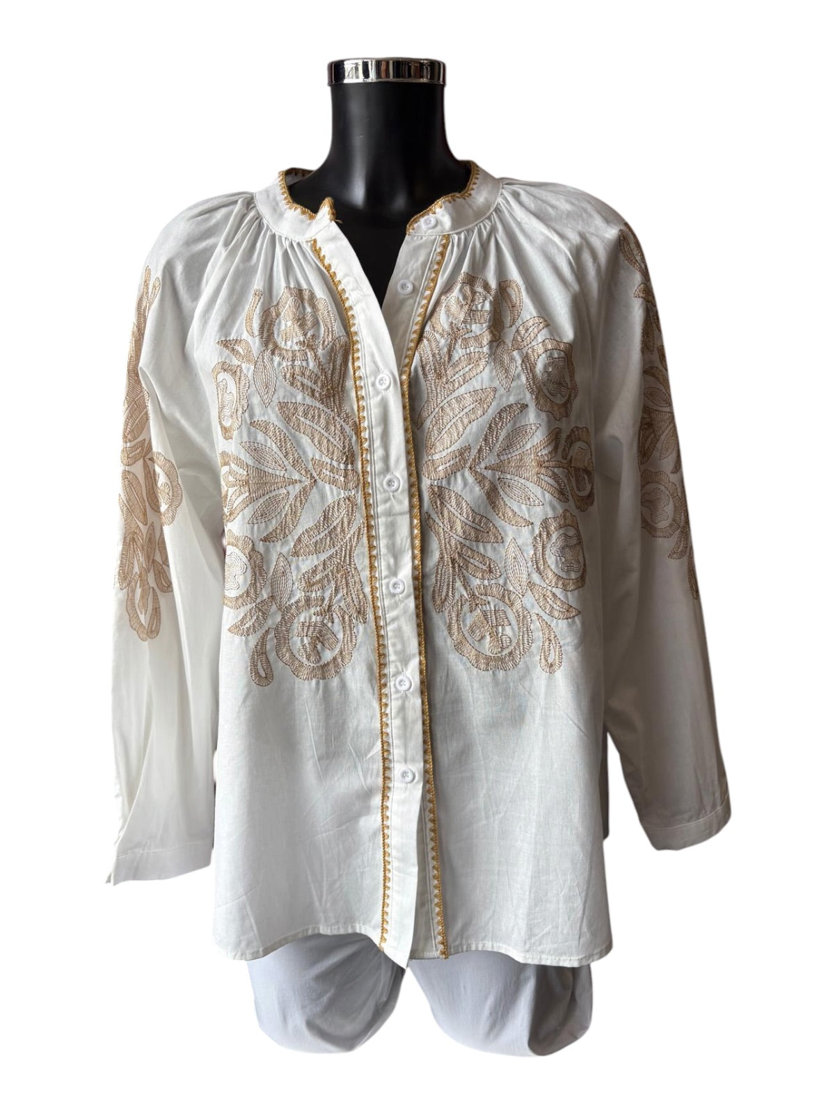 Ayla mandarin collar ivory/gold embroidered blouse