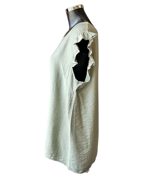 Claire mock button back frill shoulder top - Khaki