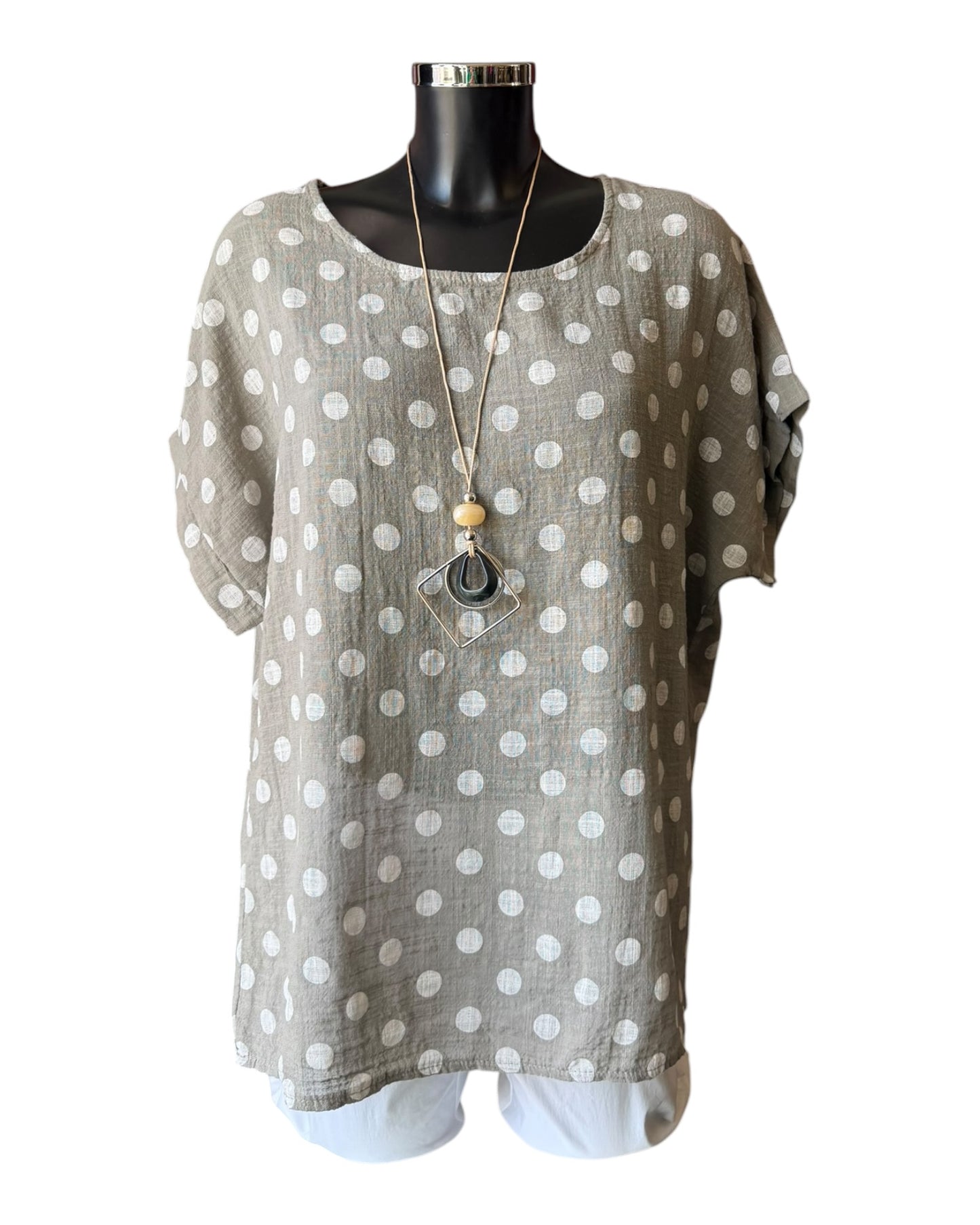 Polly polka dot cotton top & necklace - khaki