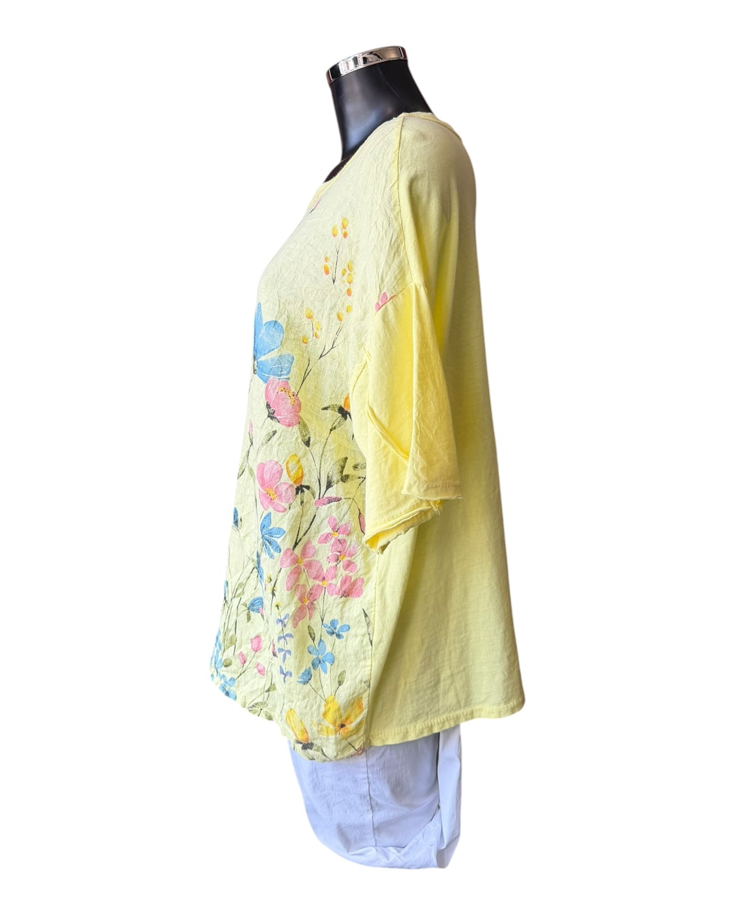 Amilla small flowers linen mix top - lemon