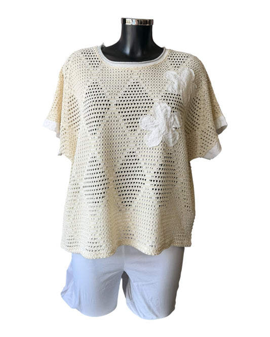 Megan open knit applique flower knitted top - Beige