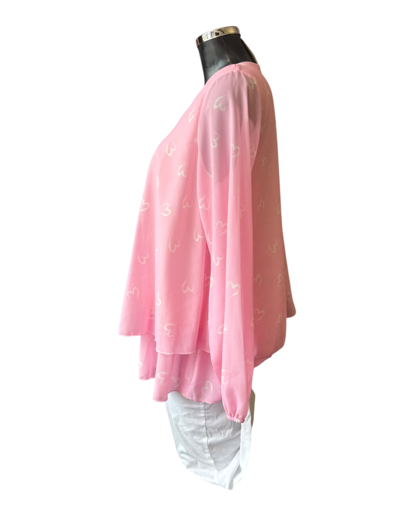 Virginia v neck layered hem top - Pink Hearts