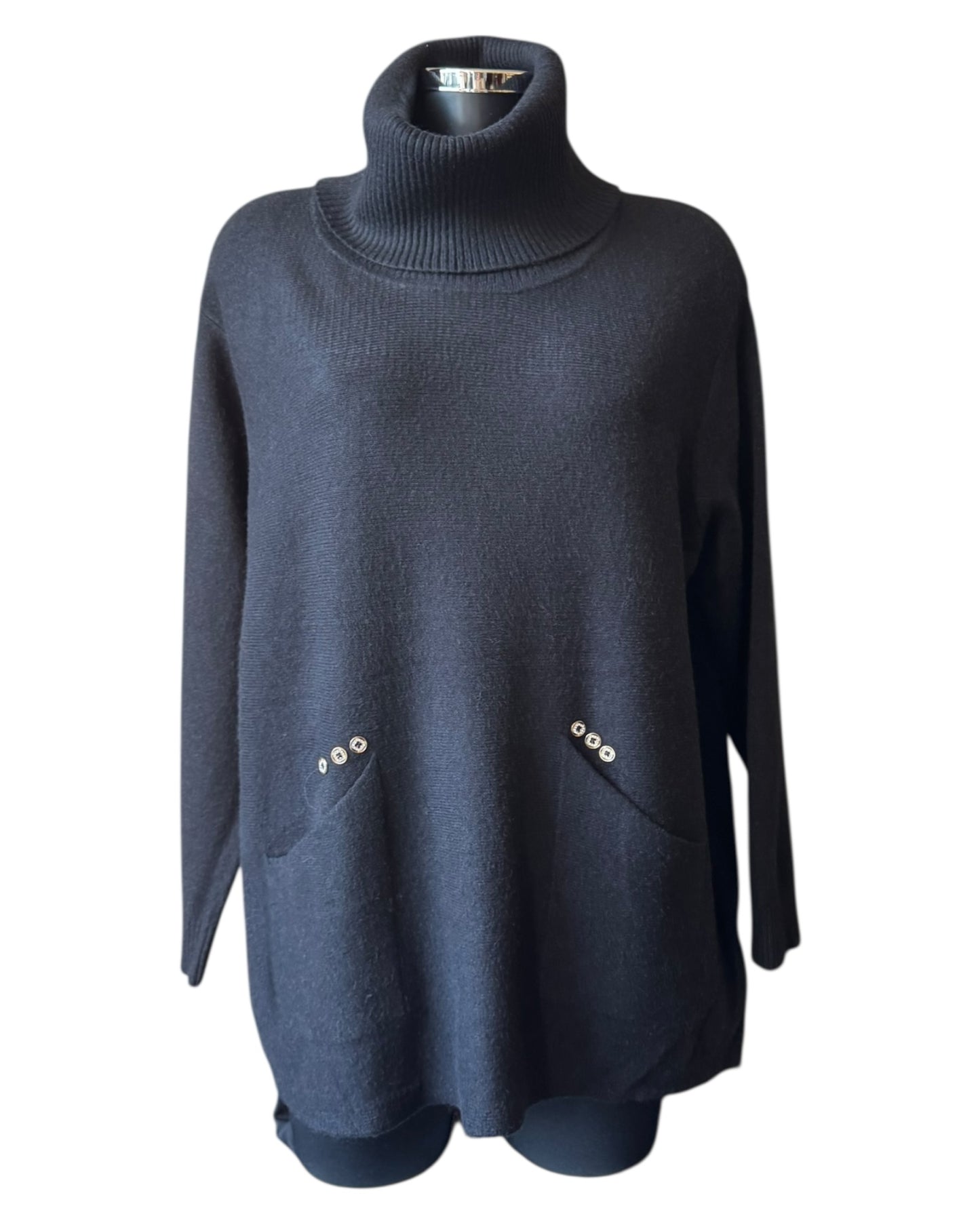 Eleanor soft knit roll neck pocket jumper - Black