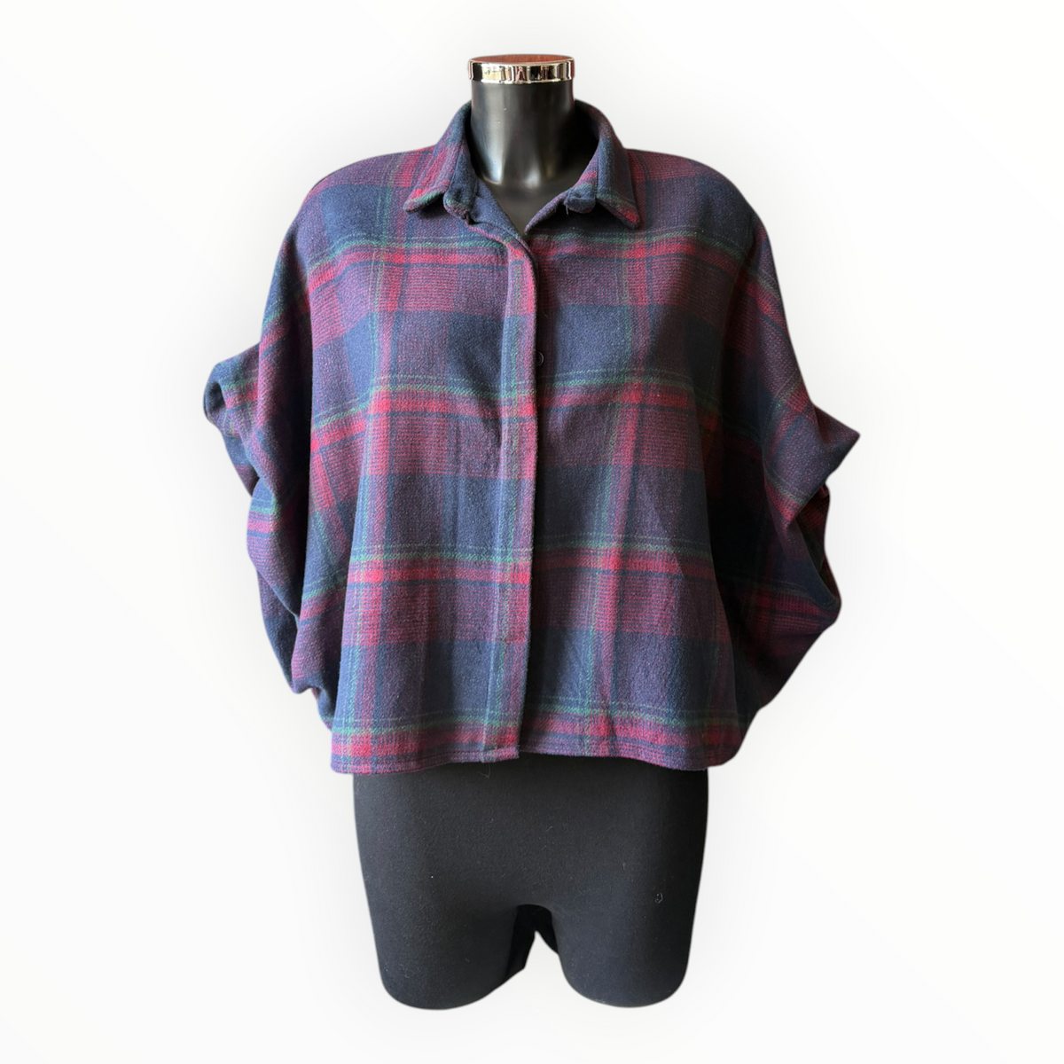Charlie puff sleeve tartan coatigan navy and plum