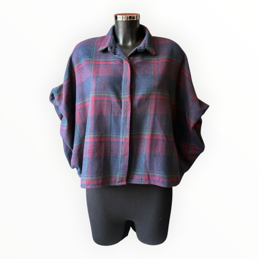Charlie puff sleeve tartan coatigan navy and plum