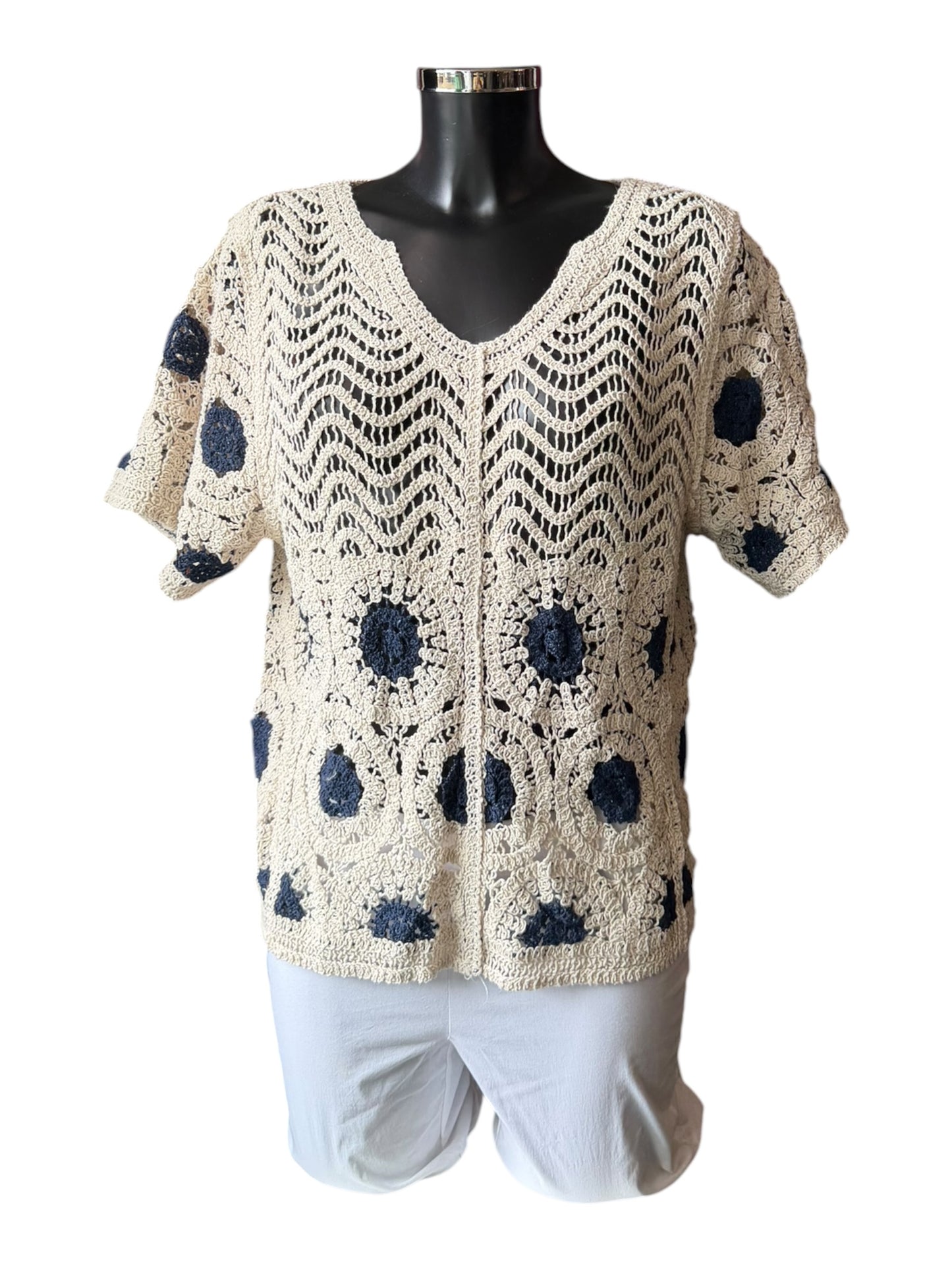 Rosie navy crochet range - v neck top