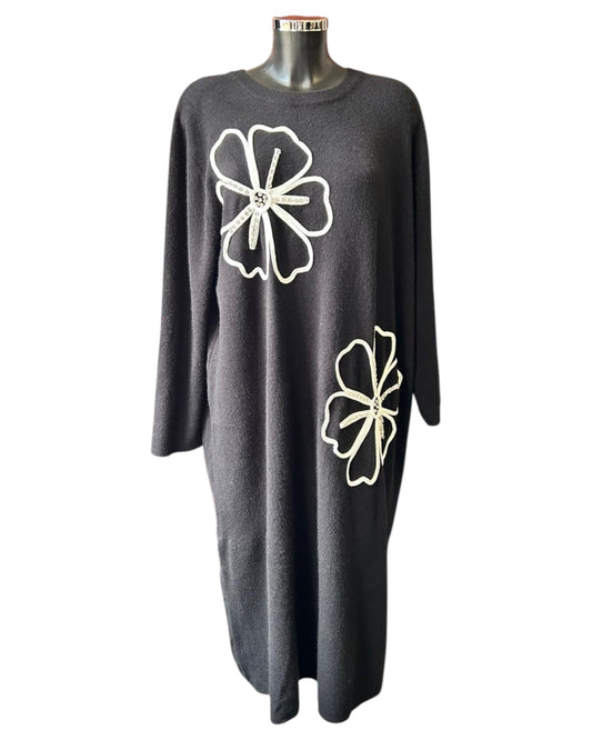 Milano flower range premium knit big flower appliqué dress - Black