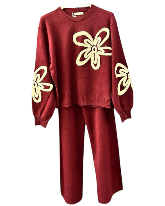 Milano flower range premium knit co ord trouser set - Bordeaux