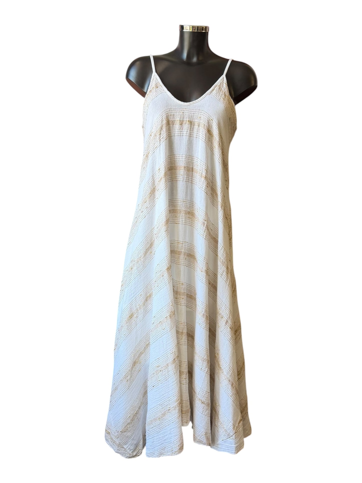 Caprice range linen and cotton gold thread strappy maxi dress