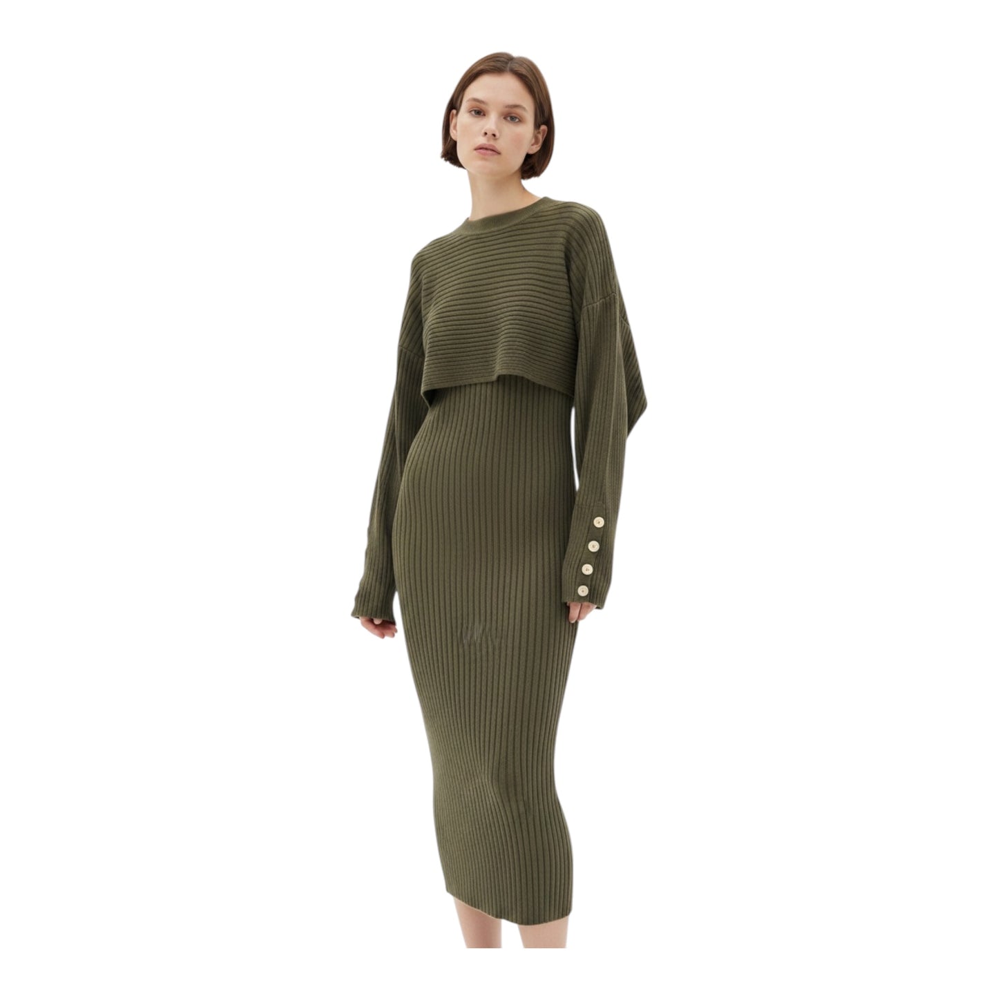 Robyn 2 piece knitted midi  dress - Khaki
