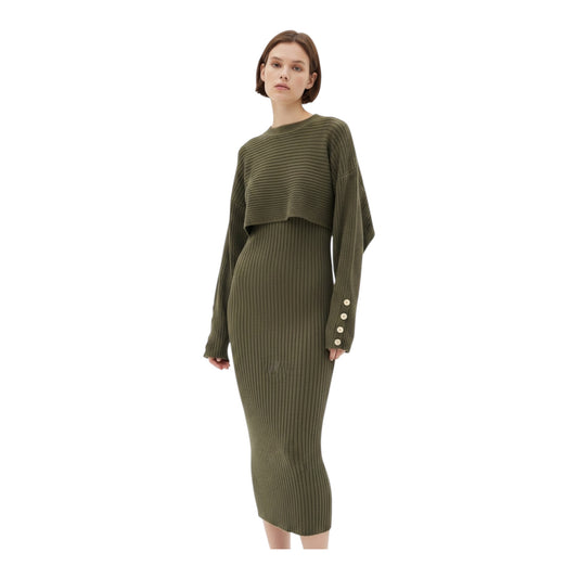 Robyn 2 piece knitted midi  dress - Khaki