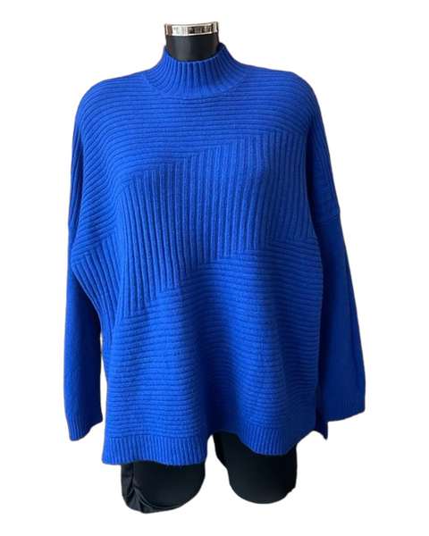 Zina boxy ribbed funnel neck soft knit jumper - Cobalt