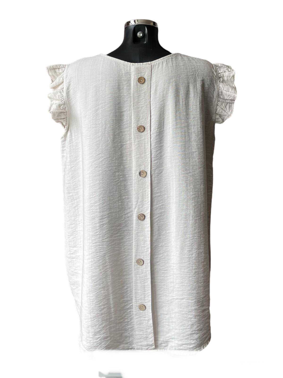 Claire mock button back frill shoulder top - Stone